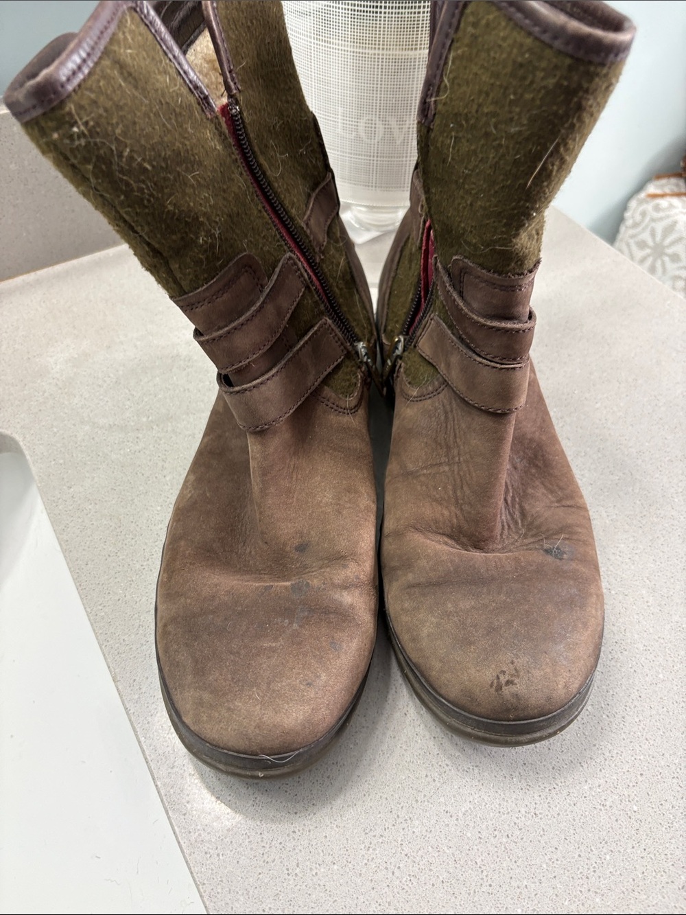 UGG Brown and Olive Mid-Calf Leather & Wool Boots